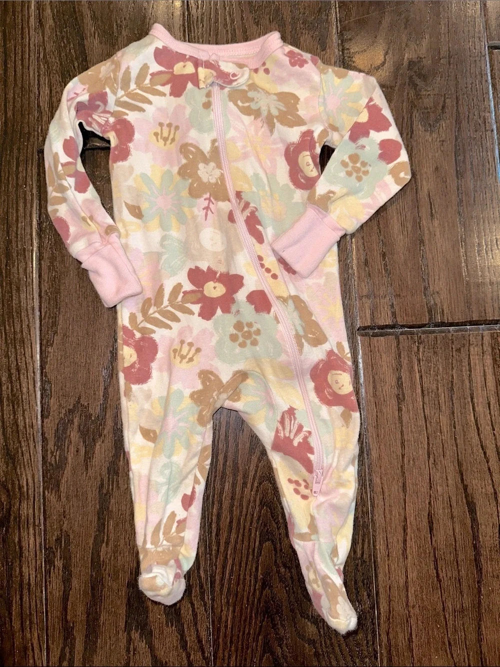 Members Mark Baby Floral Footed Zipper One-Piece  - Pink floral size 3 months